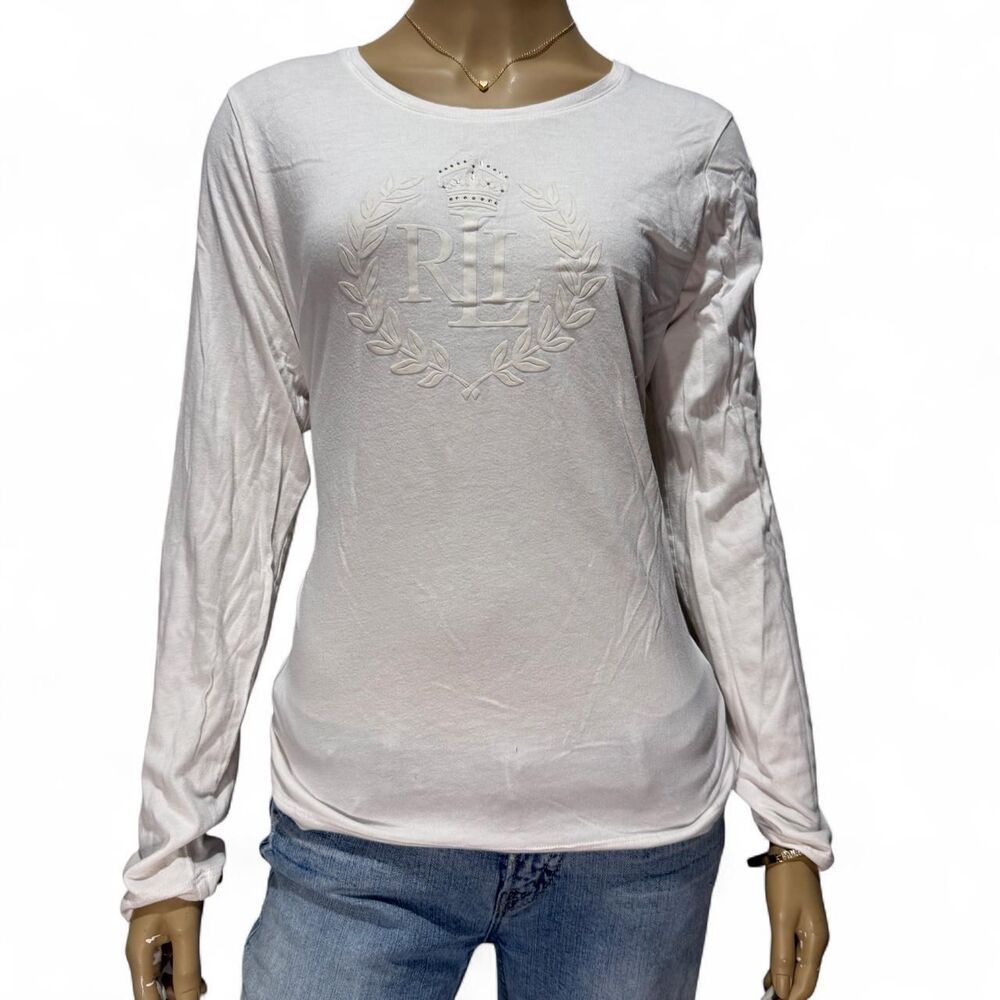 Lauren Ralph Lauren White Rhinestone Crest Long Sleeve Top Women’s XL